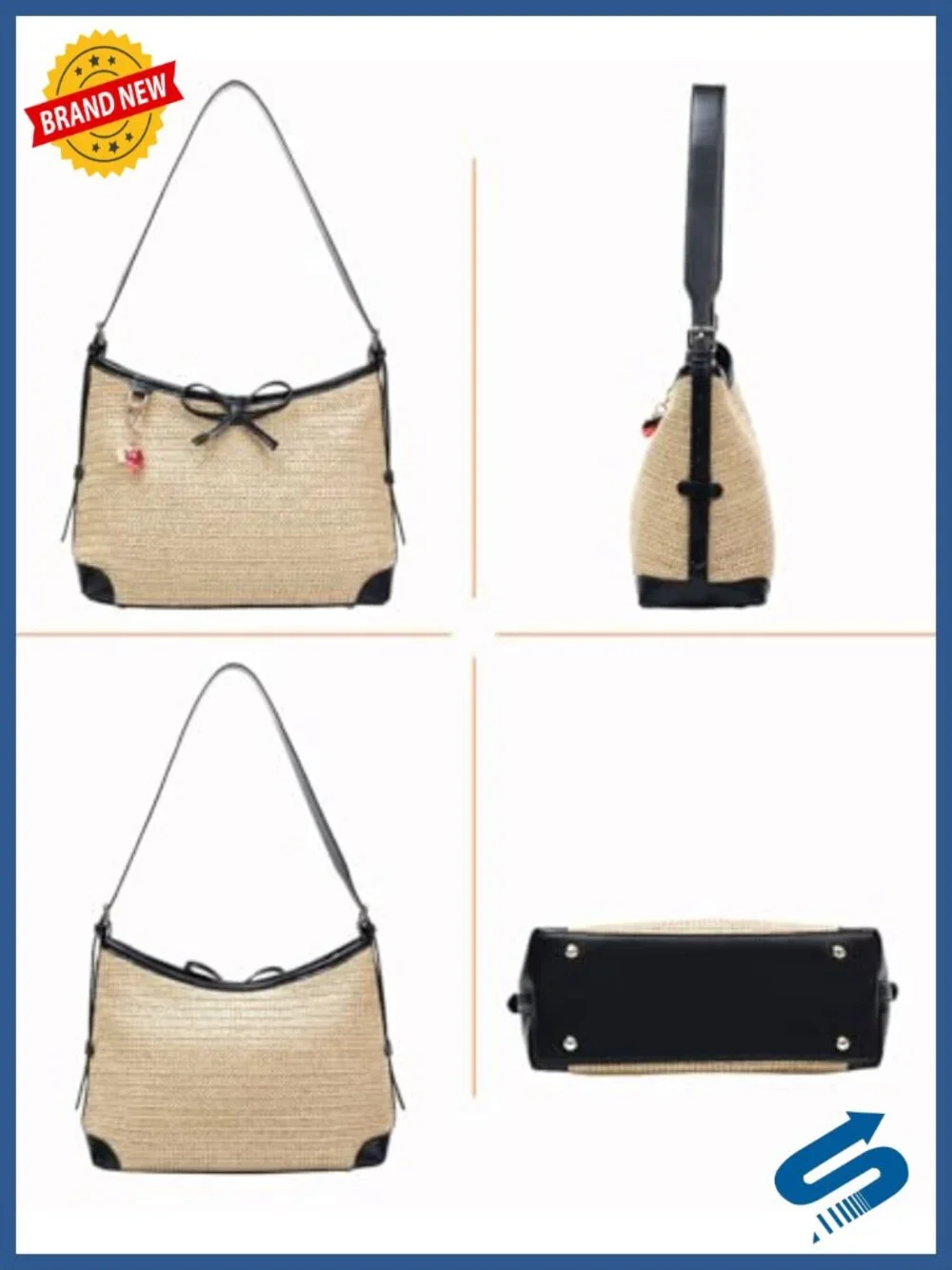 Handwoven Straw Woven Purse, Summer Beach Hobo Raffia Crossbody Bag with